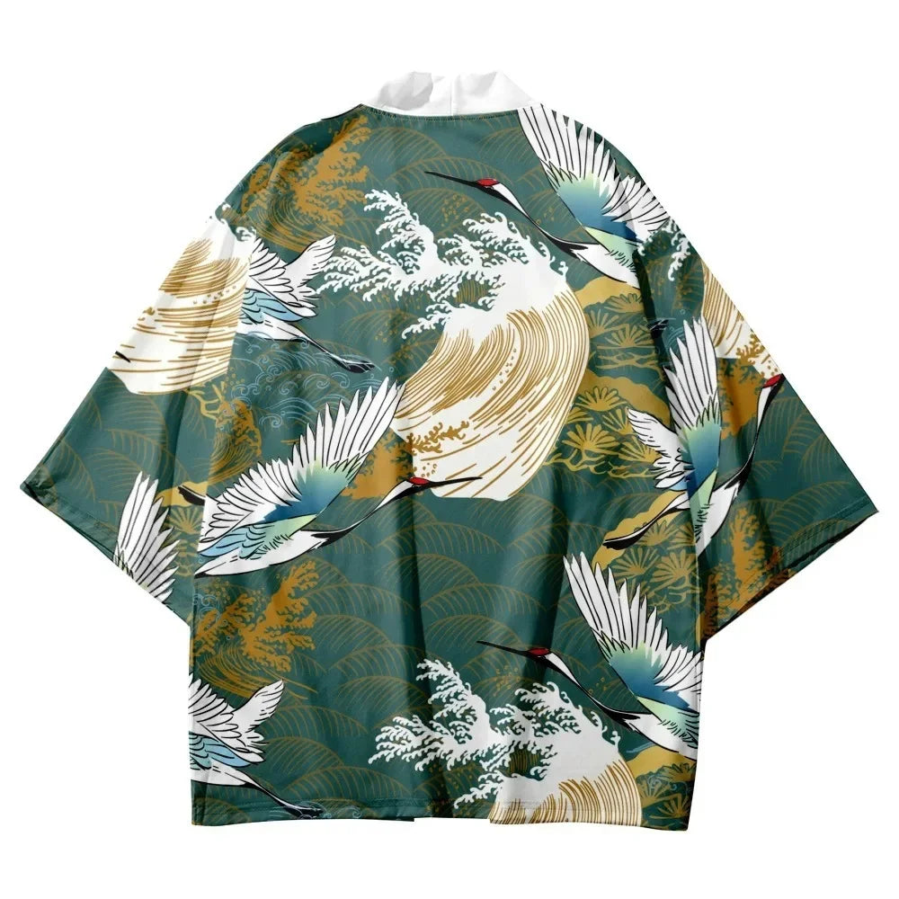 Japanese Style Cosplay Shirt 3D Crane Print For Men Women Traditional Samurai Kimono Haori Japanese Beach Yukata