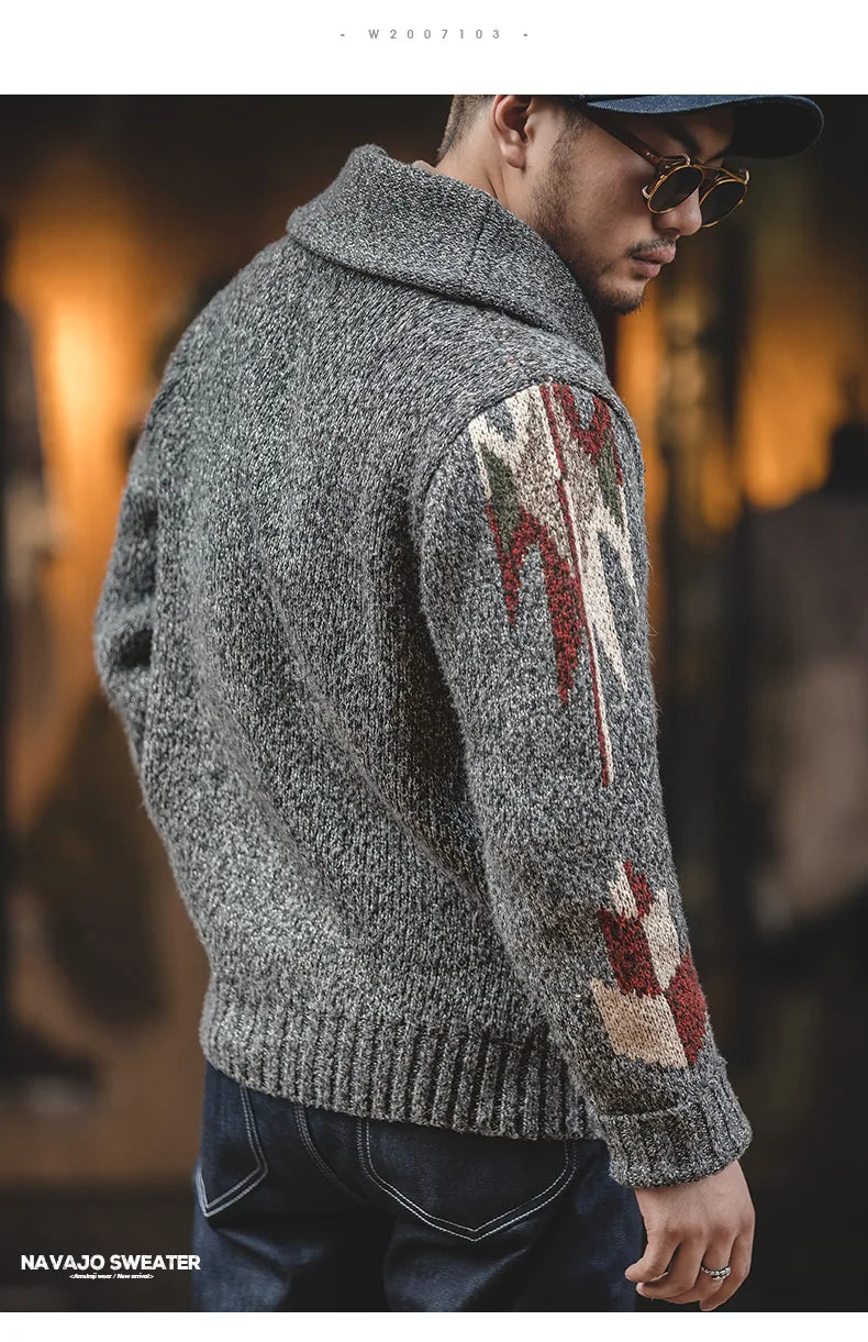 Maden Knitted Vintage Cardigan Men Sweater Indiana Thick Knit Oversized Streetwear Geometric Trend V-neck Christmas Knit Coats