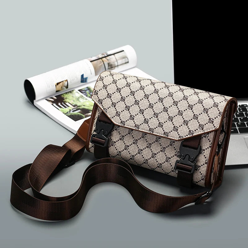 Men's Classic Printed Crossbody Bag – Gray Geometric Pattern Sling Bag with Buckle Closure Ideal for Daily Commute & Casual Wear