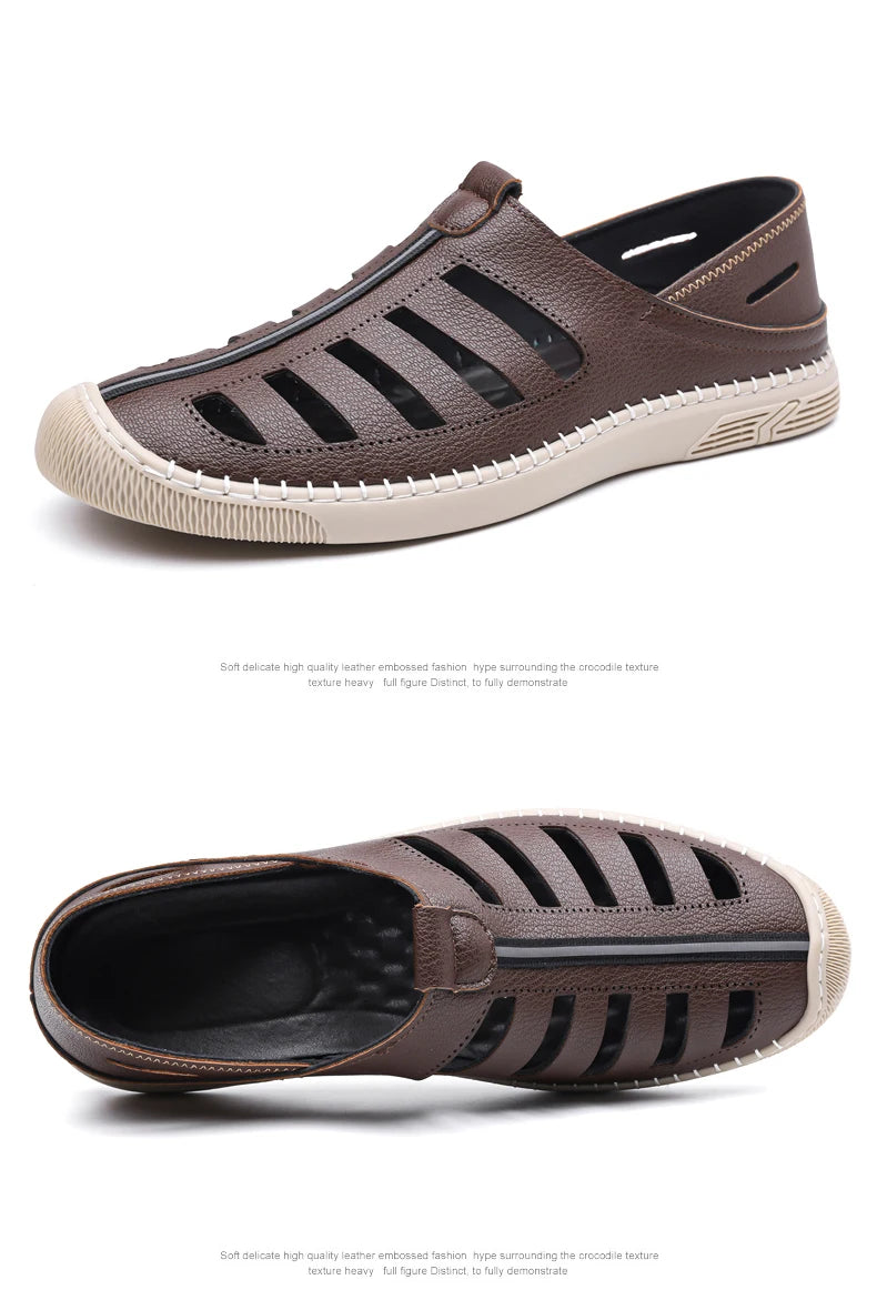 Outdoor Men Summer Sandals Breathable Hollow Leisure Anti Slip Leather Beach Shoes Fashionable Man Comfortable Hole Shoes