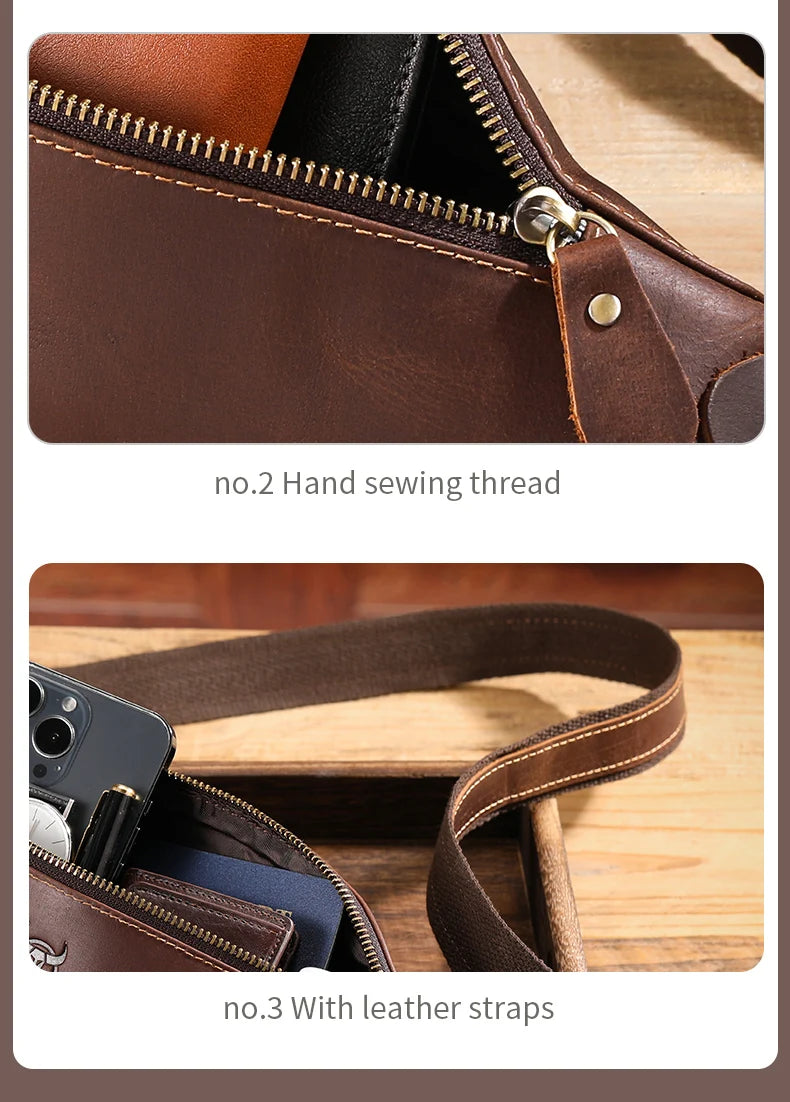 BULLCAPTAIN Men's Crazy Horse Leather Belt Bag Classic Retro Crossbody Bag Outdoor Storage Mountaineering Mobile Phone Bag