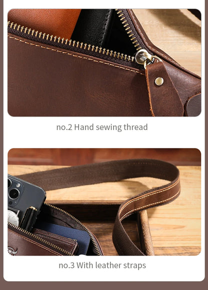 BULLCAPTAIN Men's Crazy Horse Leather Belt Bag Classic Retro Crossbody Bag Outdoor Storage Mountaineering Mobile Phone Bag