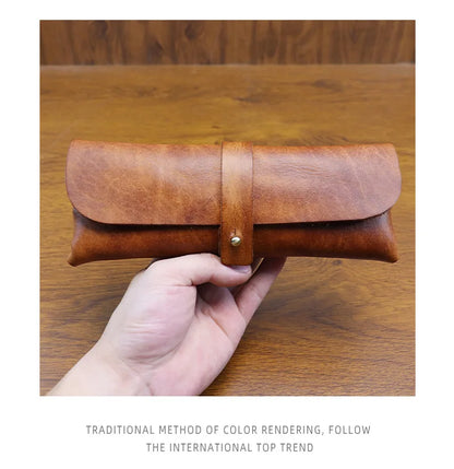 Genuine Leather Men Pencil Bag Handmade Wallet Large Capacity Retro Glasses Storage Bag Stationery Pencil Case Unisex Purses