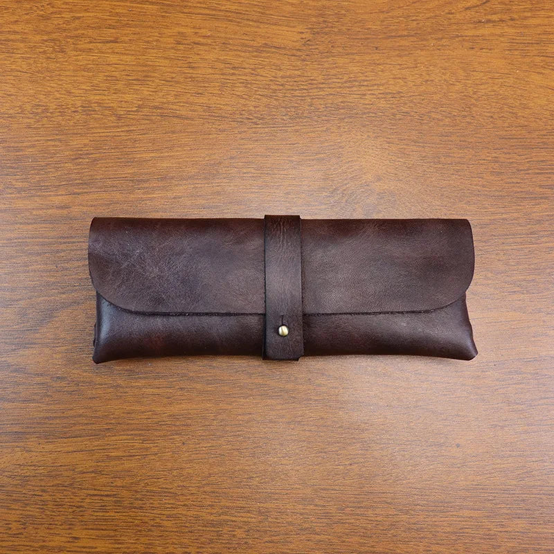 Genuine Leather Men Pencil Bag Handmade Wallet Large Capacity Retro Glasses Storage Bag Stationery Pencil Case Unisex Purses