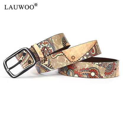 LAUWOO Women Belt Luxury Brand Genuine leather belt for men fashion printed belts  for women Retro Unisex Casual Jeans Belts