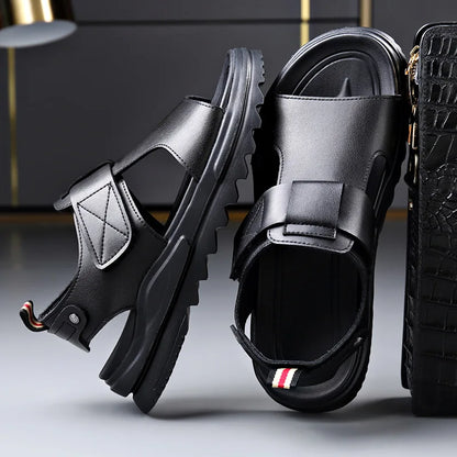 Cow Leather Men's Sandals 2026 Summer New Designer Soft Sole Fashion Casual Beach Shoes Male Black Platform Sandals Man