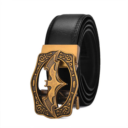 Men's Vintage Bat Pattern Genuine Leather Belt, Silver Gold Automatic Buckle, Plus Size 130 140 150 160 170cm Casual Waistband