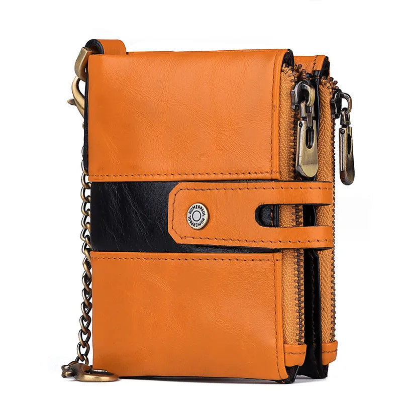 HUMERPAUL Genuine Leather Men's Wallet Fashion Quality Travel Purse Rfid Protect Credit Card Holder Wollst for Men with Chain