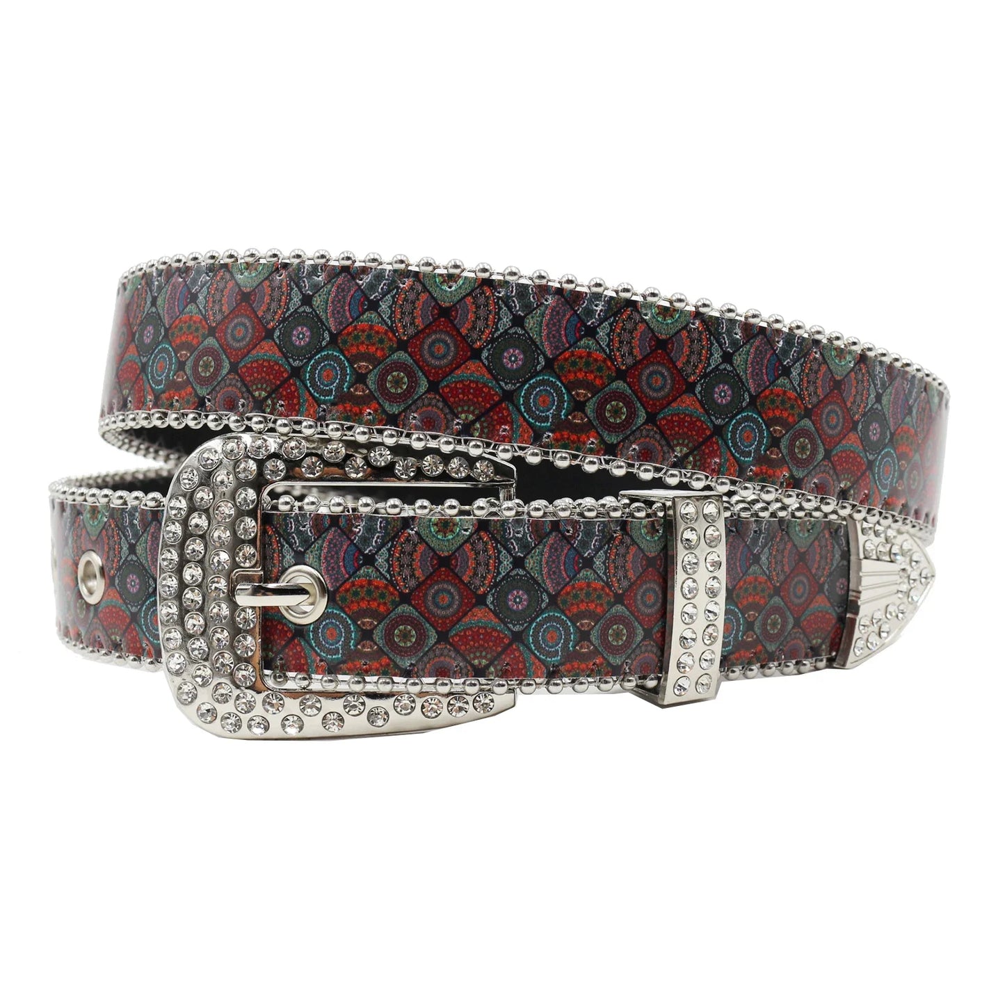 Rhinestone belt blue totem print New Women's Fashion Rhinestone Versatile Fashion PU Leather Belt Jeans Punk Rock Y2K Belt