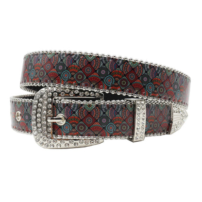 Rhinestone belt blue totem print New Women's Fashion Rhinestone Versatile Fashion PU Leather Belt Jeans Punk Rock Y2K Belt