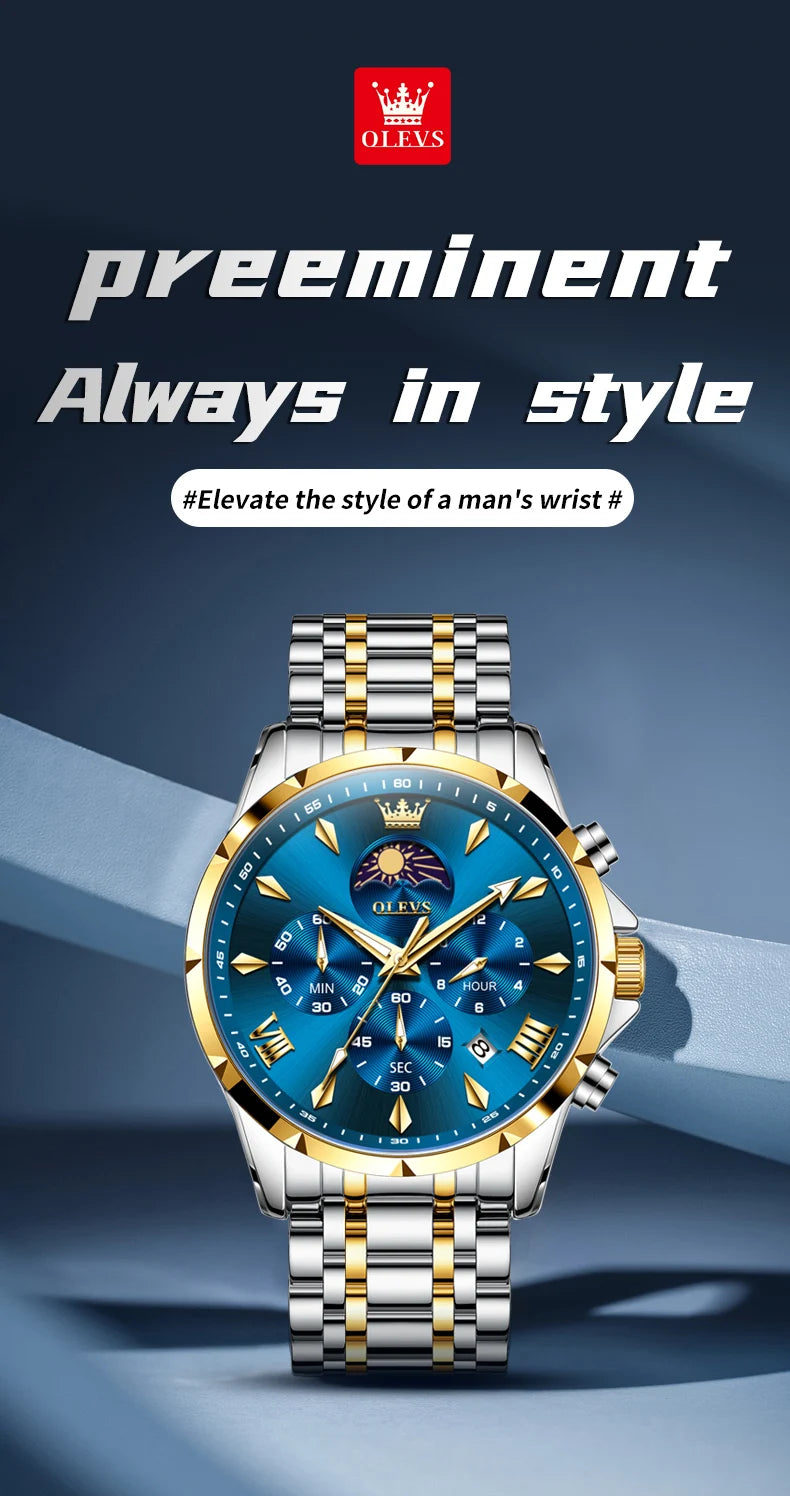 OLEVS 3653 Original Mens Quartz Watch NEW Four Functional Small Dials Chronograph 24-hour Moon Phase Stainless Steel Waterproof Man Wristwatch