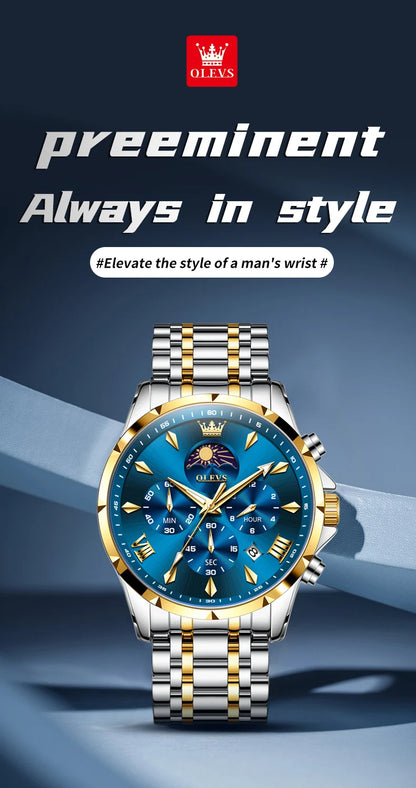 OLEVS 3653 Original Mens Quartz Watch NEW Four Functional Small Dials Chronograph 24-hour Moon Phase Stainless Steel Waterproof Man Wristwatch