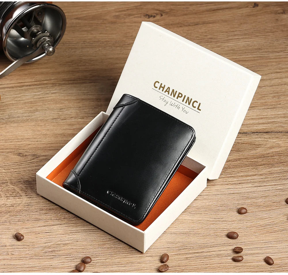 CHANPINCL Men's Italian Top-Grain Cow Leather Slim Tri-Fold Vertical Wallet – Multi-Card, RFID Blocking & Gift Box