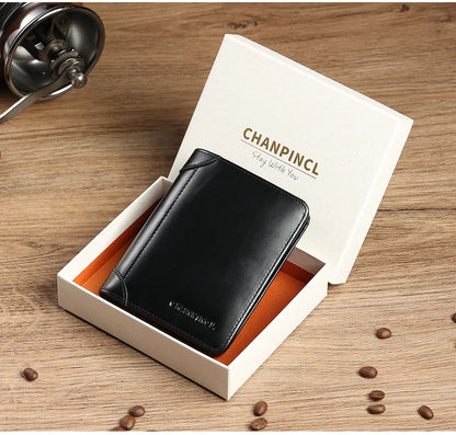 CHANPINCL Men's Italian Top-Grain Cow Leather Slim Tri-Fold Vertical Wallet – Multi-Card, RFID Blocking & Gift Box
