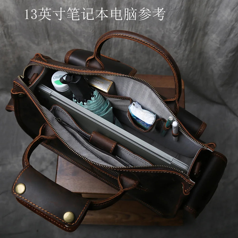 Crazy Horse Leather Retro Men's Horizontal Handbag Genuine Leather Niche Single Shoulder Cross Shoulder Large Capacity Briefcase