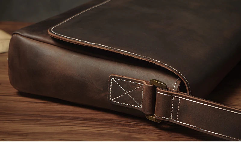 NUKA Men's Genuine Leather Shoulder Bag Retro Original Cowhide Horizontal Crossbody Deluxe Flap Messenger Bags For 11 Inch Ipad