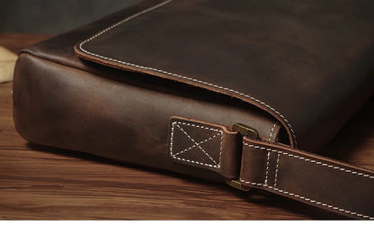 NUKA Men's Genuine Leather Shoulder Bag Retro Original Cowhide Horizontal Crossbody Deluxe Flap Messenger Bags For 11 Inch Ipad