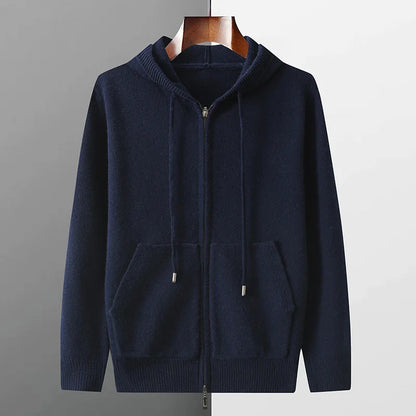 Autumn And Winter Men's 100% Pure Wool Cardigan Warm Zipper Hooded Casual Knitted Cashmere Coat