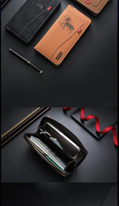 New men's wallet made of crazy horse leather with retro style from Europe and America PU zipper bag fashionable short card bag a