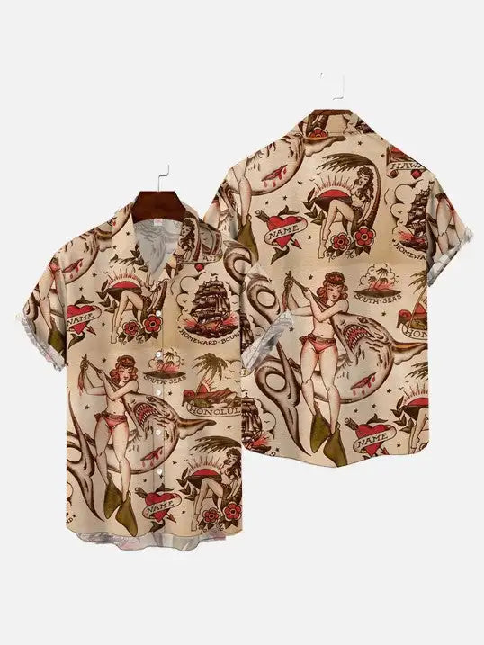 Mermaid Retro Printed Shirts Men's European And American Pattern Shirts Summer Casual Short Sleeved Shirt Hawaiian Button Shirts