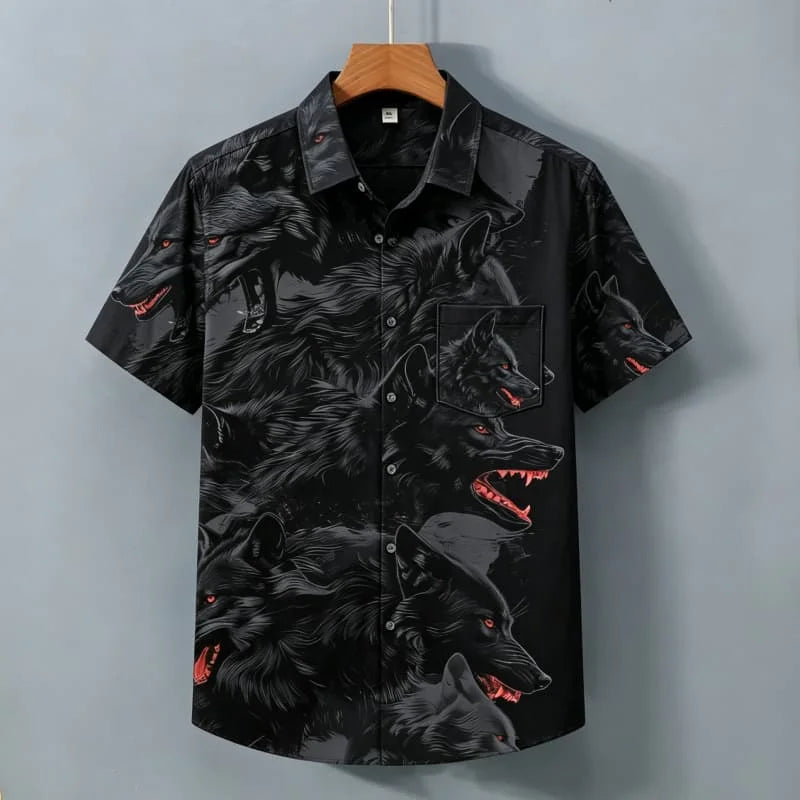 Men's Domineering Wolf Head Printed Short Sleeved Shirt with Wild Style and Personality Suitable for Street Shirts