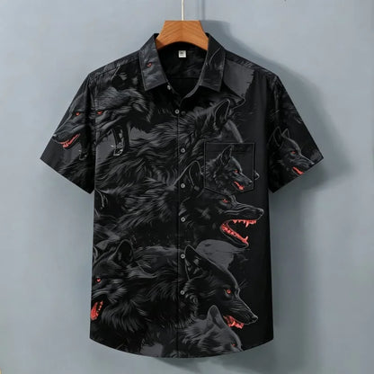 Men's Domineering Wolf Head Printed Short Sleeved Shirt with Wild Style and Personality Suitable for Street Shirts
