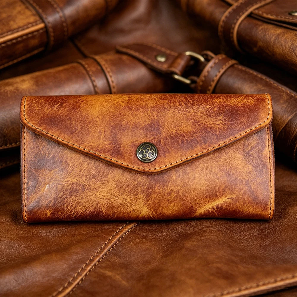 Genuine Leather Retro Men Handmade Wallet Handbag High Quality Phone Pocket Simple Card Bag Big Capacity Male Purses