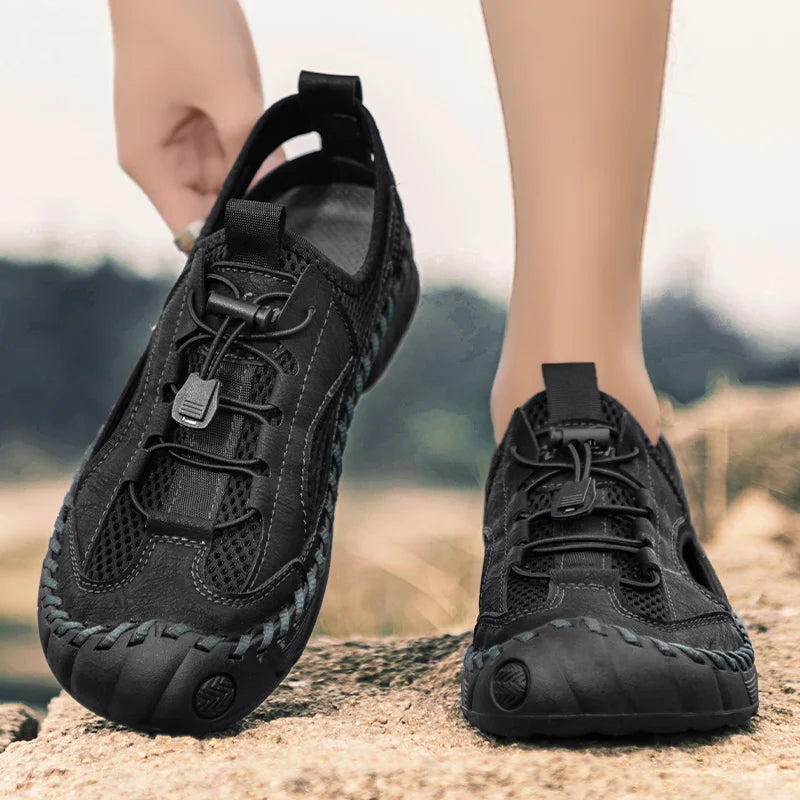 Summer Men Full Casual Leather Hand Stitch Big Size Outdoor Beach Sandals Closed Toe Non Slip Comfort New Summer Walking Shoes