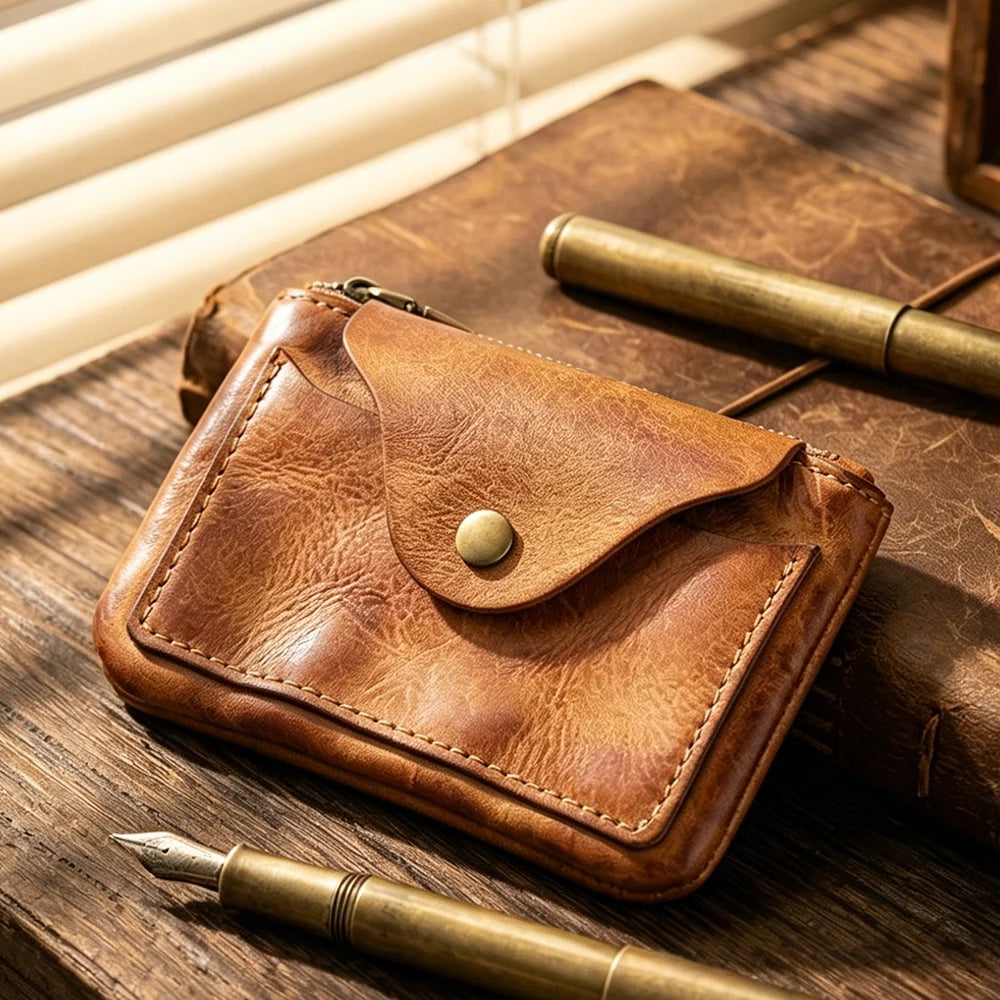 New Slim Short Men's Wallet Vintage Genuine Leather Card Holder Zipper Male Coin Purses High Quality Snap Men Money Clips