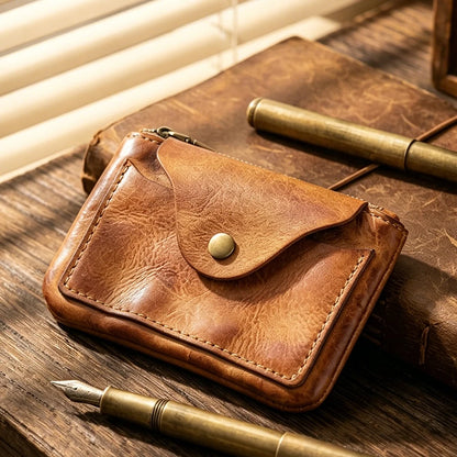 New Slim Short Men's Wallet Vintage Genuine Leather Card Holder Zipper Male Coin Purses High Quality Snap Men Money Clips