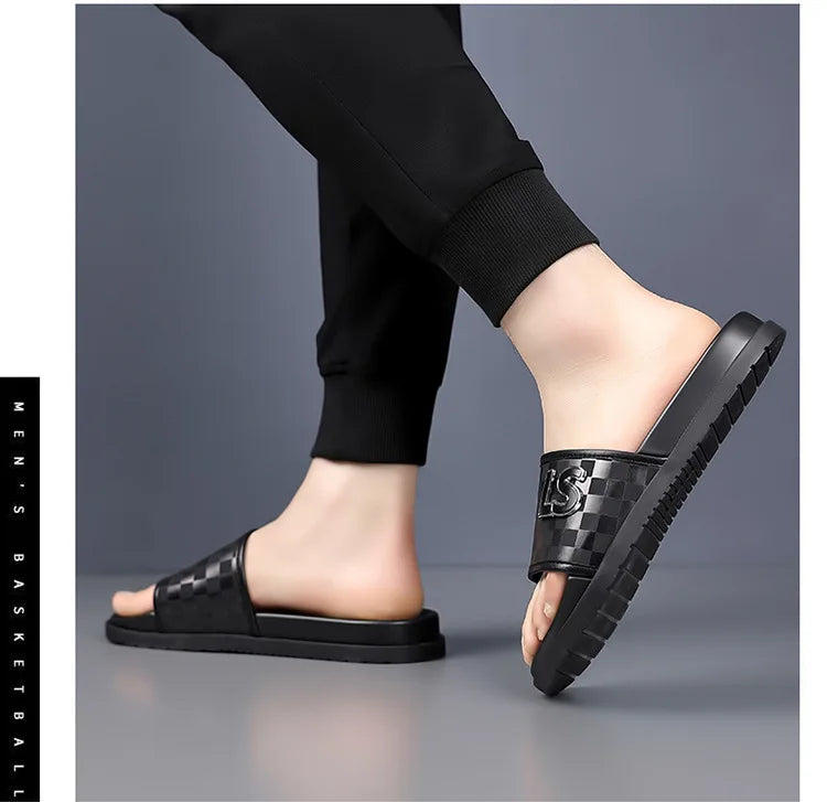 Summer Fashion Casual Flip Flops for Men New Designer Black Cow Leather Slippers Male High Quality Korean Outwear Slides Men