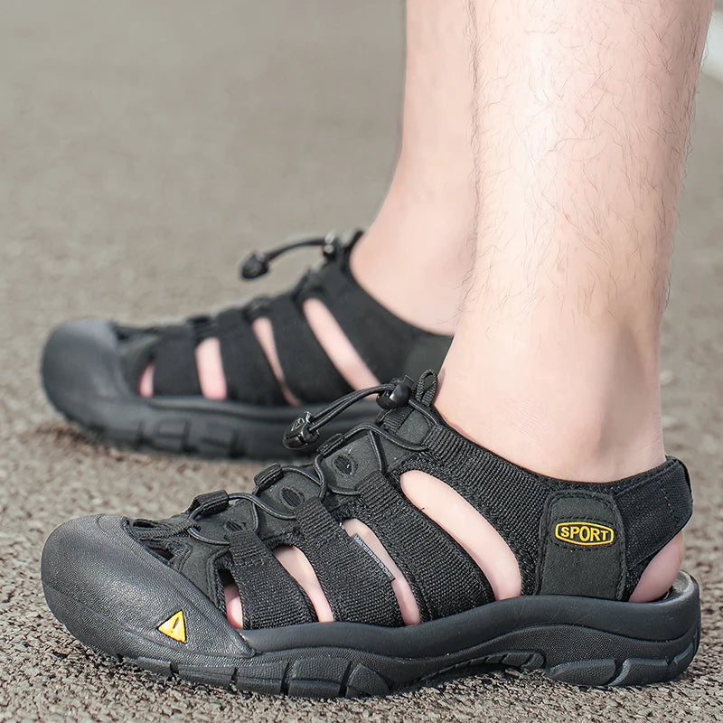 Outdoor Summer Men Sandals Leather Mens Casual Shoes Non-Slip Male Beach Shoes Anti-collision Toe Roman Flats Flip-flops 38-48