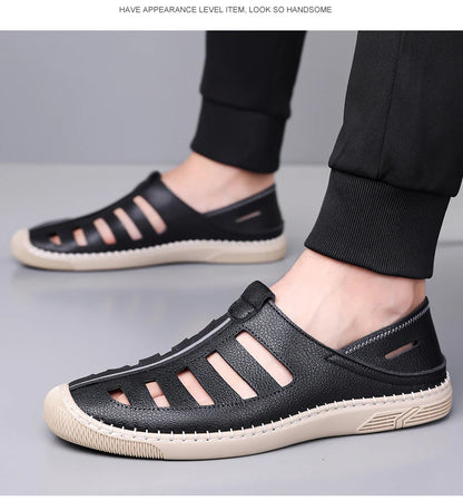 Outdoor Men Summer Sandals Breathable Hollow Leisure Anti Slip Leather Beach Shoes Fashionable Man Comfortable Hole Shoes