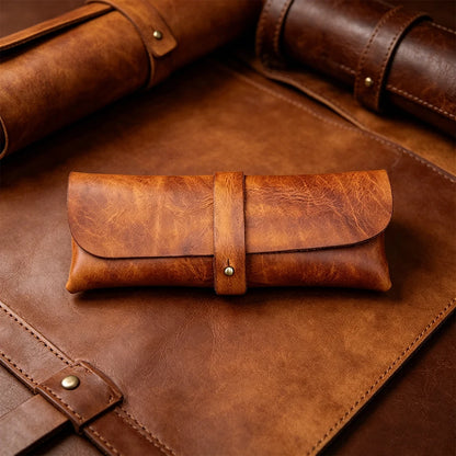 Genuine Leather Men Pencil Bag Handmade Wallet Large Capacity Retro Glasses Storage Bag Stationery Pencil Case Unisex Purses