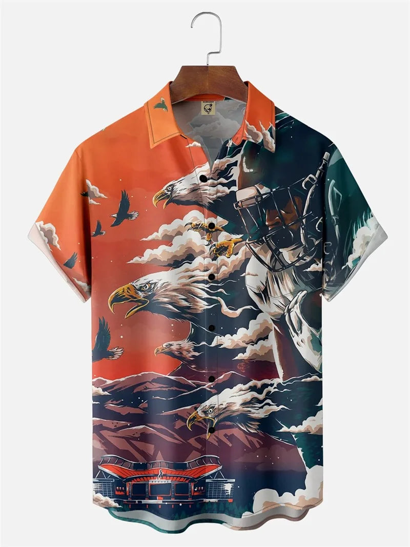 Men's Retro Short Sleeve Beach Shirt Summer Casual Ukiyoe Kitten Fishing Shark Print Hawaiian Shirts Men's Lapel Aloha Shirt