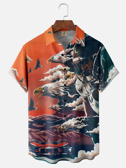 Men's Retro Short Sleeve Beach Shirt Summer Casual Ukiyoe Kitten Fishing Shark Print Hawaiian Shirts Men's Lapel Aloha Shirt