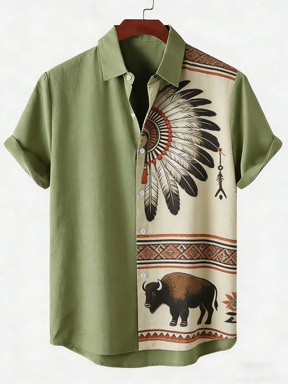 2026 Daily Men's Casual Short Sleeved Shirt with Natural Ethnic Pattern Printed Shirt Hawaii Beach Vacation Clothing