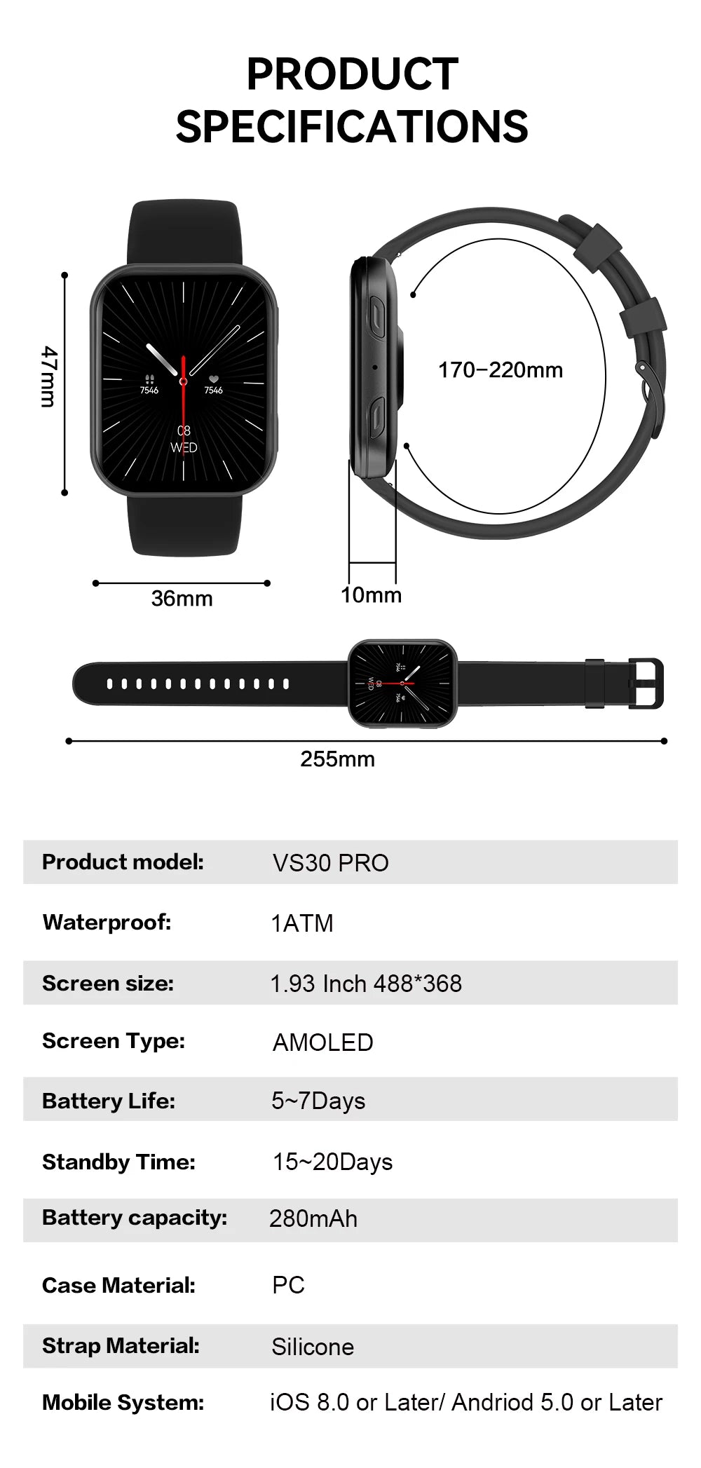 VS30 PRO Smart Watch 1.93-inch AMOLED Display Bluetooth Call Sports Modes Health Monitoring 1ATM Waterproof Custom Watch Fa