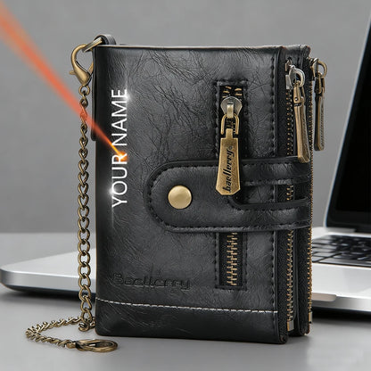 New Men Wallets Name Engraving 11 Card Holders Men Short Purse Double Zipper Coin Pocket High Quality Male Purse Cartera
