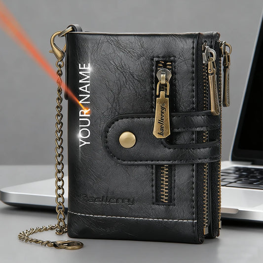 New Men Wallets Name Engraving 11 Card Holders Men Short Purse Double Zipper Coin Pocket High Quality Male Purse Cartera