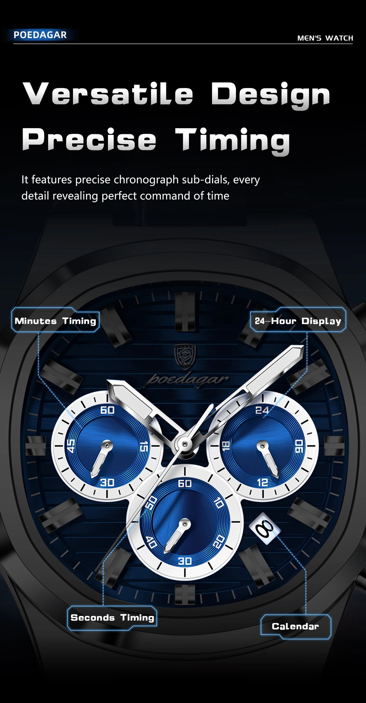 POEDAGAR Top Business Man Wristwatch Date Chronograph Waterproof Luminous Luxury Men Watch Leather Quartz Men's Watches Male+Box