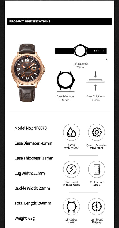 NAVIFORCE  High Quality Male Wristwatch PU Band Calendar Brand Men Quartz Watch Auto Date Display Waterproof Clocks Reloj Hombre