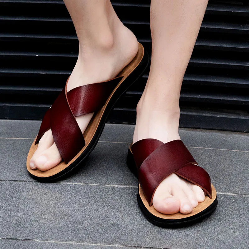New Arrivals Italian Leather Slippers for Men Summer Hotel Beach High Quality Slip on Light Flats Male Flip Flops Big Size 38-47