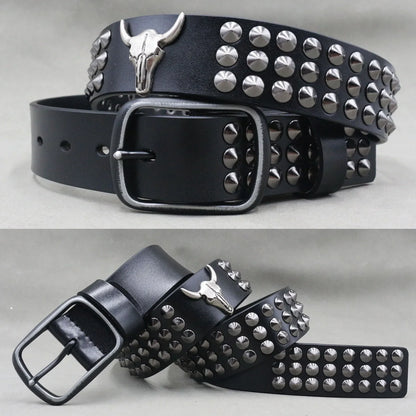 Designer Brand Belt Men Rivet Real Leather Pin Belt Male Black Rock Genuine Leather Cowhide Luxury Punk Belt Jeans