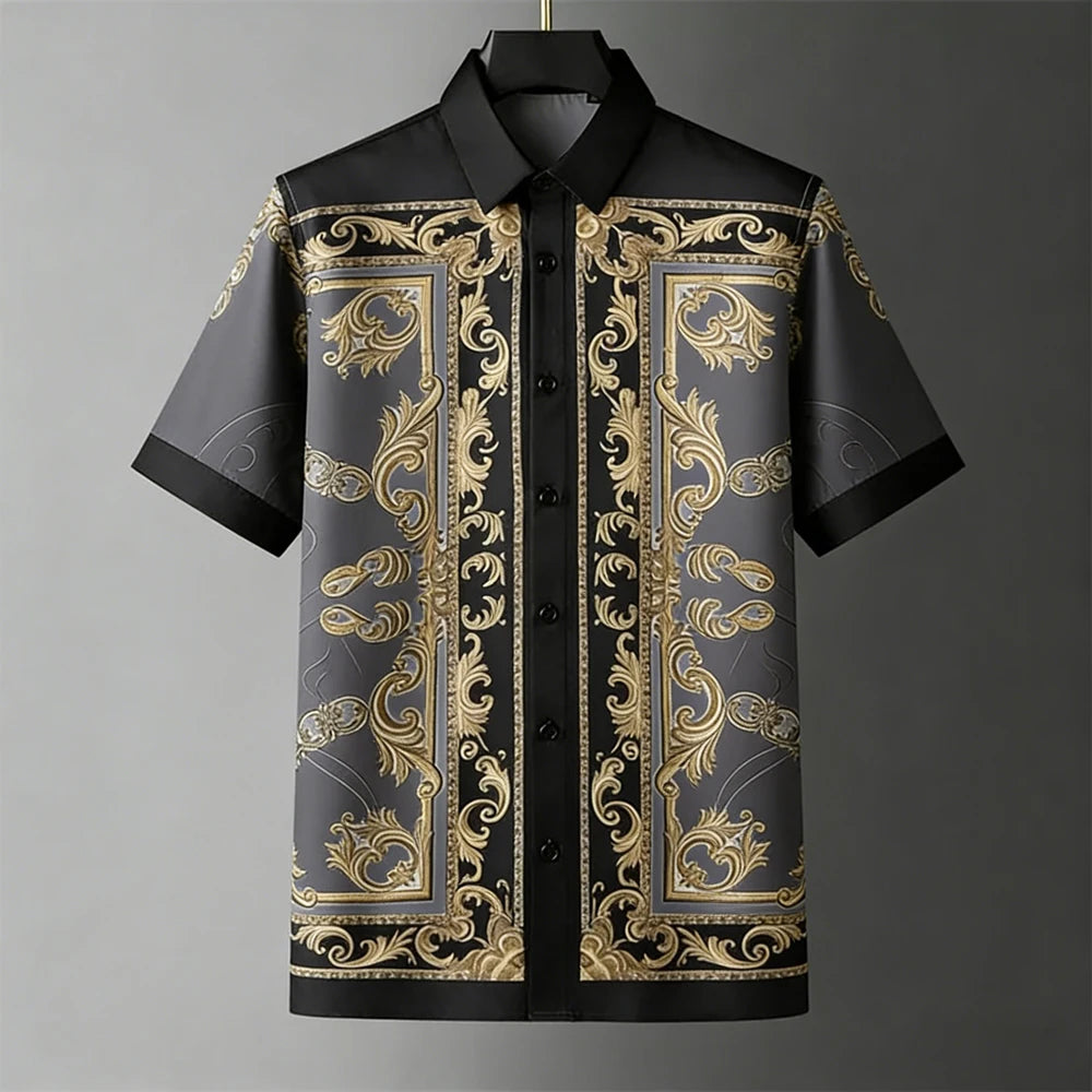 Men's Fashion Retro Breathable Soft Short Sleeve Shirt Gold Pattern Natural 3D Printed Shirt Men's Wedding Casual Party Tops Men