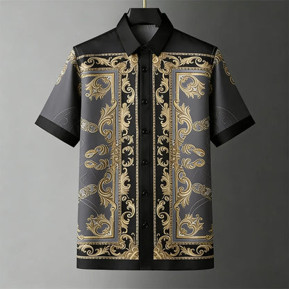 Men's Fashion Retro Breathable Soft Short Sleeve Shirt Gold Pattern Natural 3D Printed Shirt Men's Wedding Casual Party Tops Men
