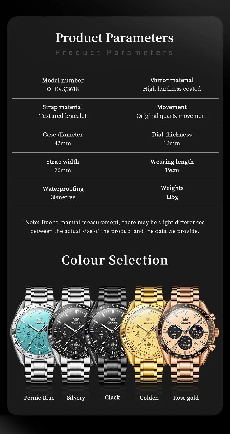 OLEVS 3618 Waterproof Luminous Date Moon Chronograph Wristwatches Mens Luxury Stainless Steel Quartz Watch for Men Reloj Hombre