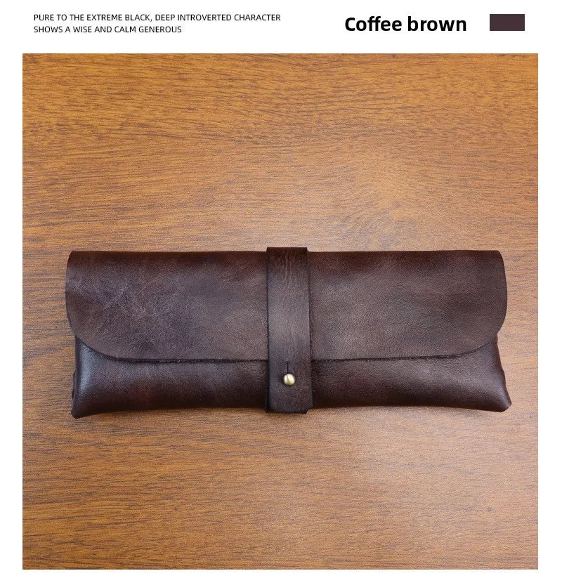 Genuine Leather Men Pencil Bag Handmade Wallet Large Capacity Retro Glasses Storage Bag Stationery Pencil Case Unisex Purses
