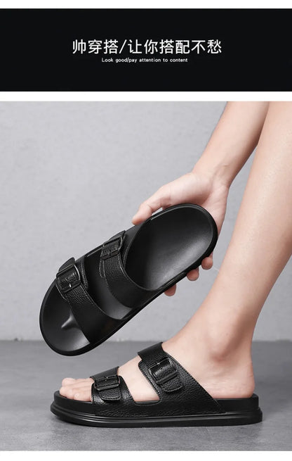Summer Men's Slippers High Quality Cow Leather Sandals Outdoor Non Slip Platform Sandals Comfort Casual Slippers for Men Slides
