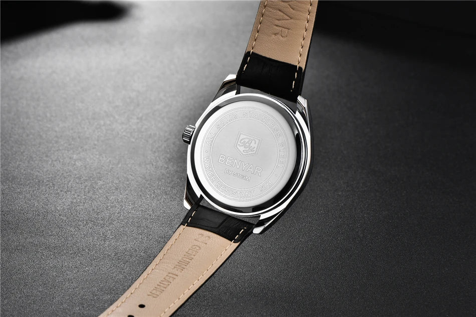 Benyar 5163 Top Brand Luxury Military Wristwatches Leather Quartz Watches Waterproof Simple Watch for Men Reloj Hombre